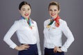 happy stylish female stewardesses isolated on gray Royalty Free Stock Photo