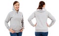 Happy stylish middle aged woman in hoodie front and back view, white woman in sweatshirt mock up isolated on white background