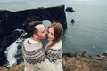 Amazing romantic view of happy couple near beautiful grand water Royalty Free Stock Photo