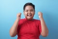 Happy success fat Asian boy shows winning gesture Royalty Free Stock Photo