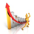 Happy success golden 3d man with growing business graph and arrow