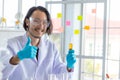 Happy success scientist doctor showing thumbs up and holding test tube in research laboratory Royalty Free Stock Photo