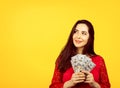 Happy successful business woman holding money dollar bills in hand Royalty Free Stock Photo