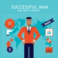 Happy successful businessman with business icons set flat design infographics Royalty Free Stock Photo