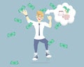 Happy successful businessman jumping with falling money,piggy bank and bank book Royalty Free Stock Photo