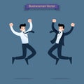Happy, successful businessman jumping in to the air celebrating victory of his work. Royalty Free Stock Photo