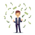 Happy successful businessman in money rain. Finance and banking vector concept