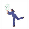 Happy successful businesswoman cartoon character wearing formal suit catching money with hands Royalty Free Stock Photo