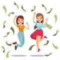 Happy successful housewifes in money rain. Happy jumping women and money