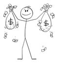 Happy Successful Man or Businessman Holding Bags of Money or Dollars , Vector Cartoon Stick Figure Illustration