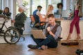 Happy and successful  man of business startup team are looking on monitor of laptop after finish of great project Royalty Free Stock Photo