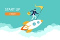 Happy successful Start up businessman holding goal flag standing on rocket ship flying through blue sky. business startup concept Royalty Free Stock Photo