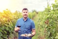 Happy successful winemaker in vineyard holding glass of red wine and board with cheese nuts and grapes for wine tasting