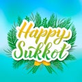 Happy Sukkot calligraphy hand lettering with circle frame of four species etrog, lulav, Arava, Hadas leaves. Jewish traditional Royalty Free Stock Photo