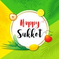 Happy Sukkot card with etrog, lulav, apple and palm leaf