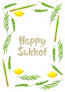 Happy Sukkot decorative frame. Holiday background with Jewish festival traditional symbols. Royalty Free Stock Photo