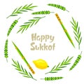 Happy Sukkot decorative frame. Holiday background with Jewish festival traditional symbols. Royalty Free Stock Photo