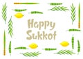 Happy Sukkot decorative frame. Holiday background with Jewish festival traditional symbols. Royalty Free Stock Photo