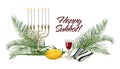 Happy Sukkot greeting banner watercolor illustration isolated on white background for Jewish Feast of Tabernacles