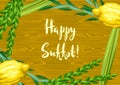 Happy Sukkot greeting card. Holiday background with Jewish festival traditional symbols. Royalty Free Stock Photo