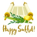 Happy Sukkot greeting card. Holiday background with Jewish festival traditional symbols. Royalty Free Stock Photo