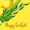 Happy Sukkot greeting card. Holiday background with Jewish festival traditional symbols. Royalty Free Stock Photo