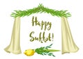 Happy Sukkot greeting card. Holiday background with Jewish festival traditional symbols.