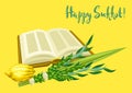 Happy Sukkot greeting card. Holiday background with Jewish festival traditional symbols. Royalty Free Stock Photo