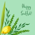 Happy Sukkot greeting card. Holiday background with Jewish festival traditional symbols.