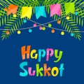 Happy Sukkot greeting card. Holiday background with Jewish festival traditional symbols.