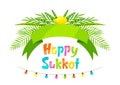 Happy Sukkot greeting card. Holiday background with Jewish festival traditional symbols.