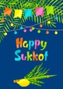 Happy Sukkot greeting card. Holiday background with Jewish festival traditional symbols.