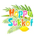 Happy Sukkot greeting card. Holiday background with Jewish festival traditional symbols. Royalty Free Stock Photo