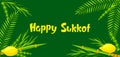 Happy Sukkot greeting card. Holiday background with Jewish festival traditional symbols. Royalty Free Stock Photo