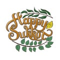 Happy Sukkot hand drawn vector card, border, background, banner, frame with hand lettered sign, palm leaf, citron Royalty Free Stock Photo