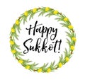 Happy Sukkot round frame of herbs. Jewish holiday huts template for greeting card