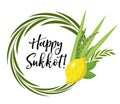 Happy Sukkot round frame of herbs. Jewish holiday huts template for greeting card Royalty Free Stock Photo