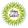 Happy Sukkot round frame of herbs. Jewish holiday huts template for greeting card