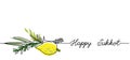 Happy Sukkot simple web banner, background.One continuous line drawing of lemon and green brunches with text Happy