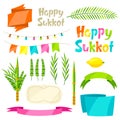 Happy Sukkot symbols. Four species etrog, lulav, willow and myrtle branches.