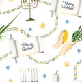 Happy Sukkot watercolor seamless pattern with waving the Lulav, Etrog, four species, Torah scroll, stars of David