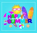 Happy Summer colorful lettering. Vector with beach icons on lightblue background