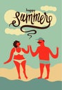 Happy summer. Calligraphic retro poster with cartoon couple. Vector illustration. Royalty Free Stock Photo