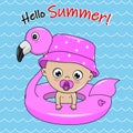Happy summer card. Baby girl with a flamingo float