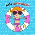 Happy summer card. Little girl sunbathing