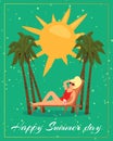 Happy summer day card inscription, stylish text, bright sun, tropical tourism concept to ocean, cartoon style vector Royalty Free Stock Photo