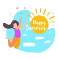 Happy Summer Girl Jump Sun Shine Blue Sky Cloud