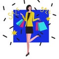 Happy girl with purchases after shopping - Vector flat style illustration