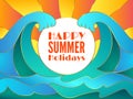 Happy summer holidays banner design and blue water surface. Flat abstract big waves of the sea or ocean landscape. Royalty Free Stock Photo