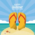 Happy summer holidays poster. flip flops beach sand ocean sunlight